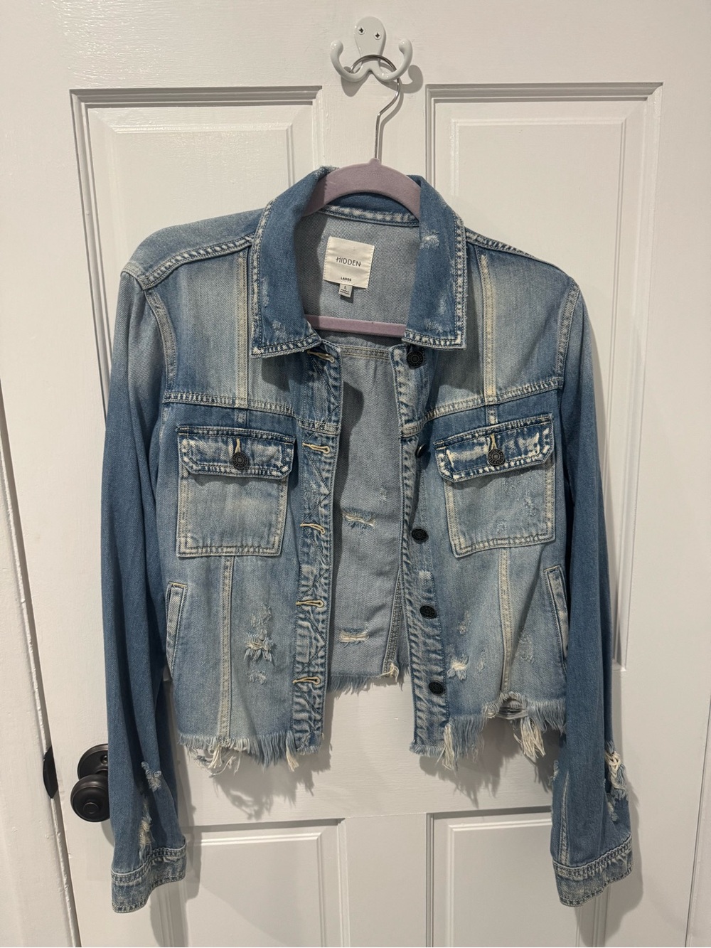 Hidden Light Blue Distressed Denim Jacket - Women